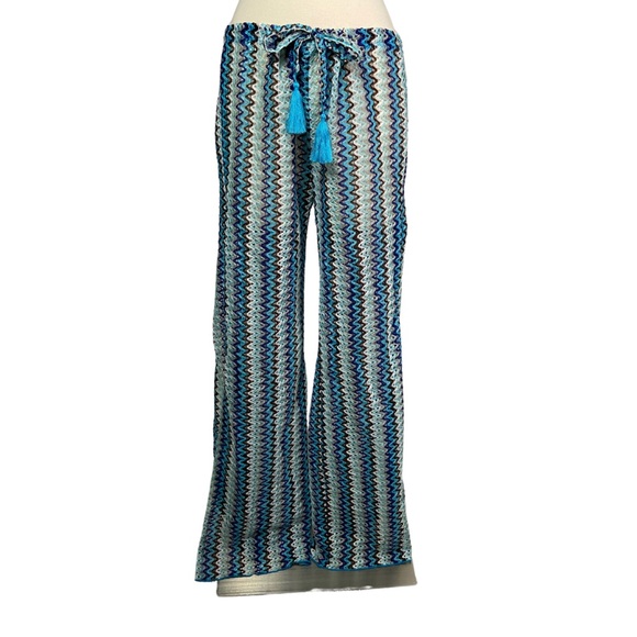 💚 Becca Blue Knit Boho Split-Leg Swim Beach Cover-Up Pants Ibiza Summer Vibes - Picture 1 of 15